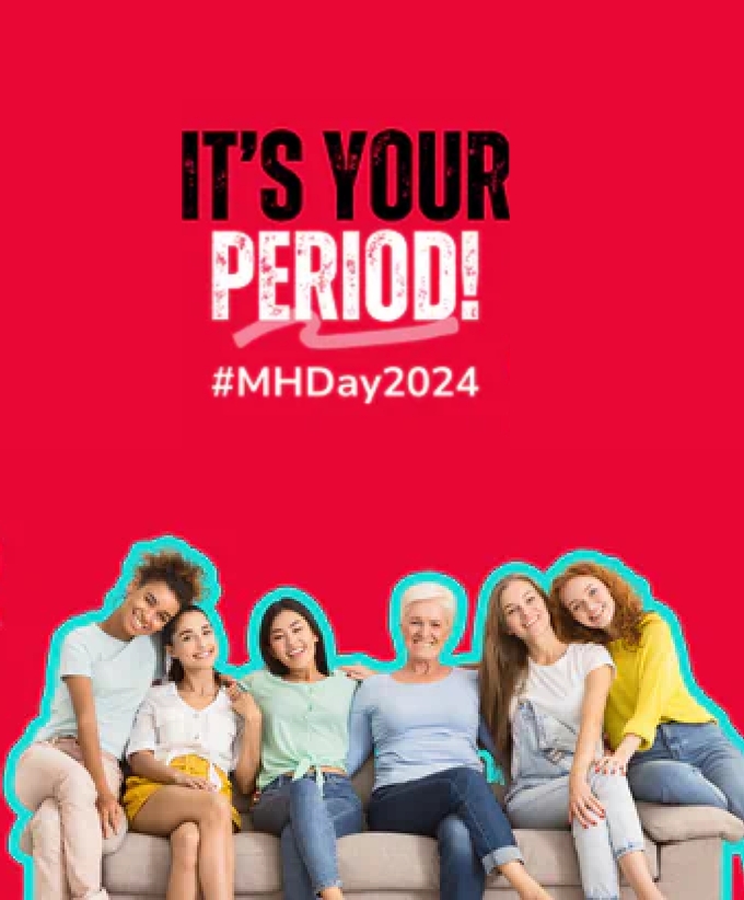 A graphic cutout of a group of woman against a red background