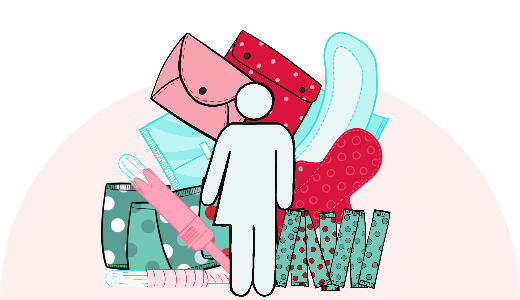 An illustration of a person in front of a suite of period products