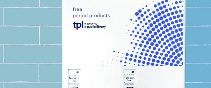 A cover of tpl (Toronto Public Library) library showing the words free period products