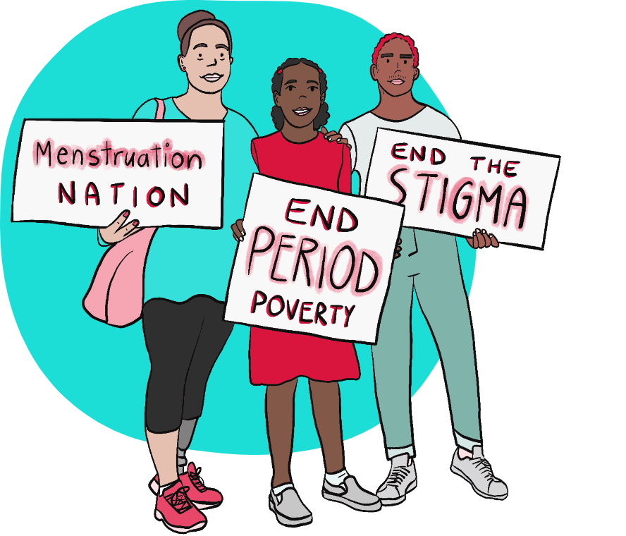 A drawing of 3 people holding slogans reading Menstruation Nation, End Period Poverty, and End the Stigma