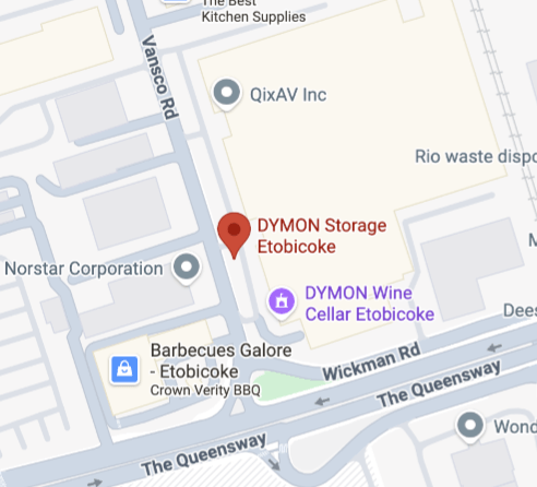 Map showing the location of DYMON Storage Etobicoke near The Queensway and Wickman Road in Etobicoke, with nearby businesses including DYMON Wine Cellar Etobicoke and Barbecues Galore.