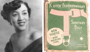 A black and white photo of a woman and one of the first commercially available boxes of sanitary belts