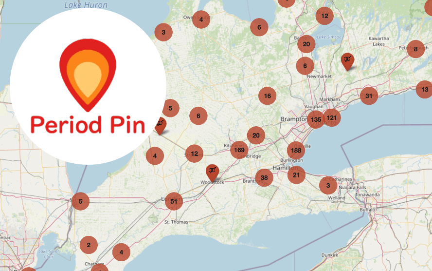 An illustrative map showing many Period Pins across Ontario