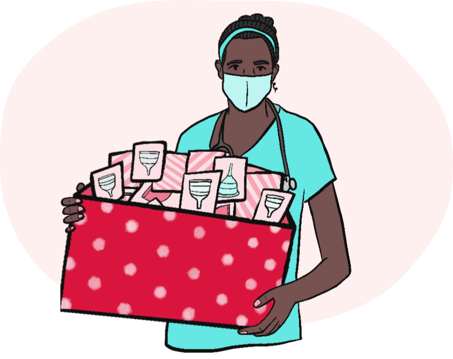 An illustration of a nurse carrying a box full of sanitary products