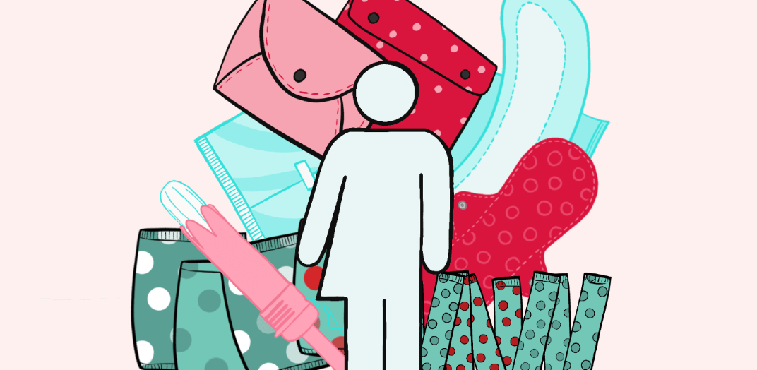 An illustration of a person standing in front of sanitary products