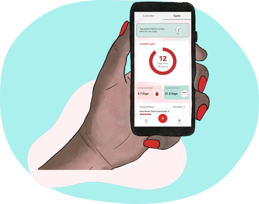 A hand holding the Menstruation Nation app