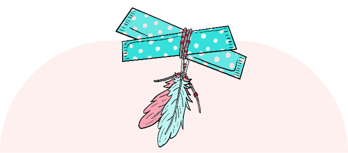 An illustration of tampons with feathers suspended from them