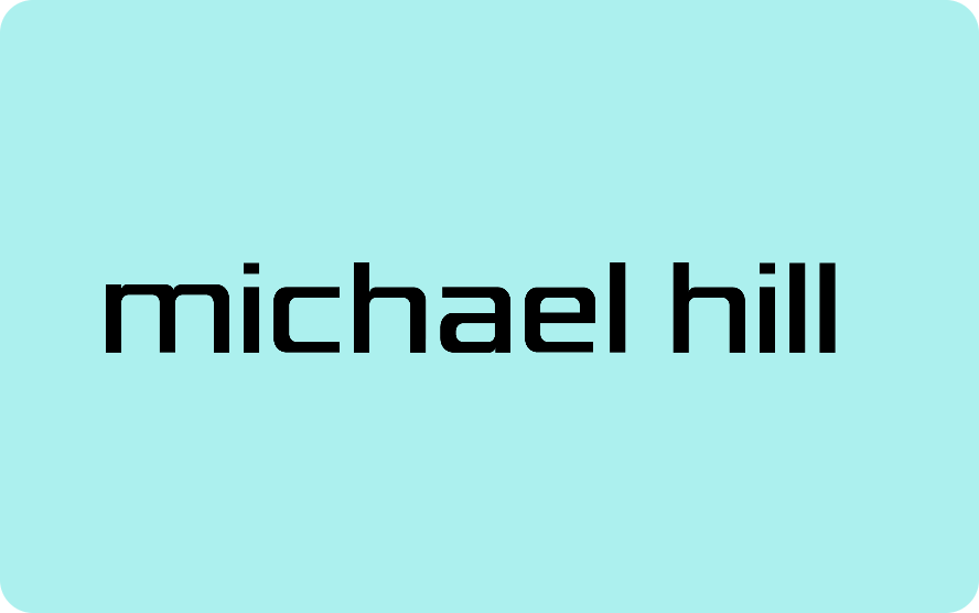 Words michael hill in light blue background