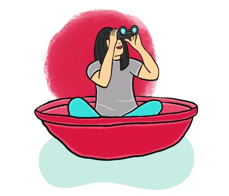 An illustration of a woman with a binocular riding on a red boat