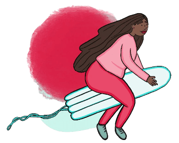 An illustration of a woman flying on an object that looks like a tampon