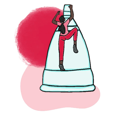 An illustration of a woman climbing up a mountain
