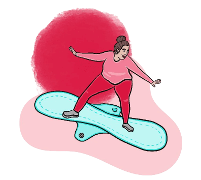 An illustration of a woman surfing on a board that looks like a sanitary product