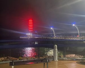 A red-lit tower structure on a bridge at night, with blue and white streetlights lining the bridge and reflections on the water below.